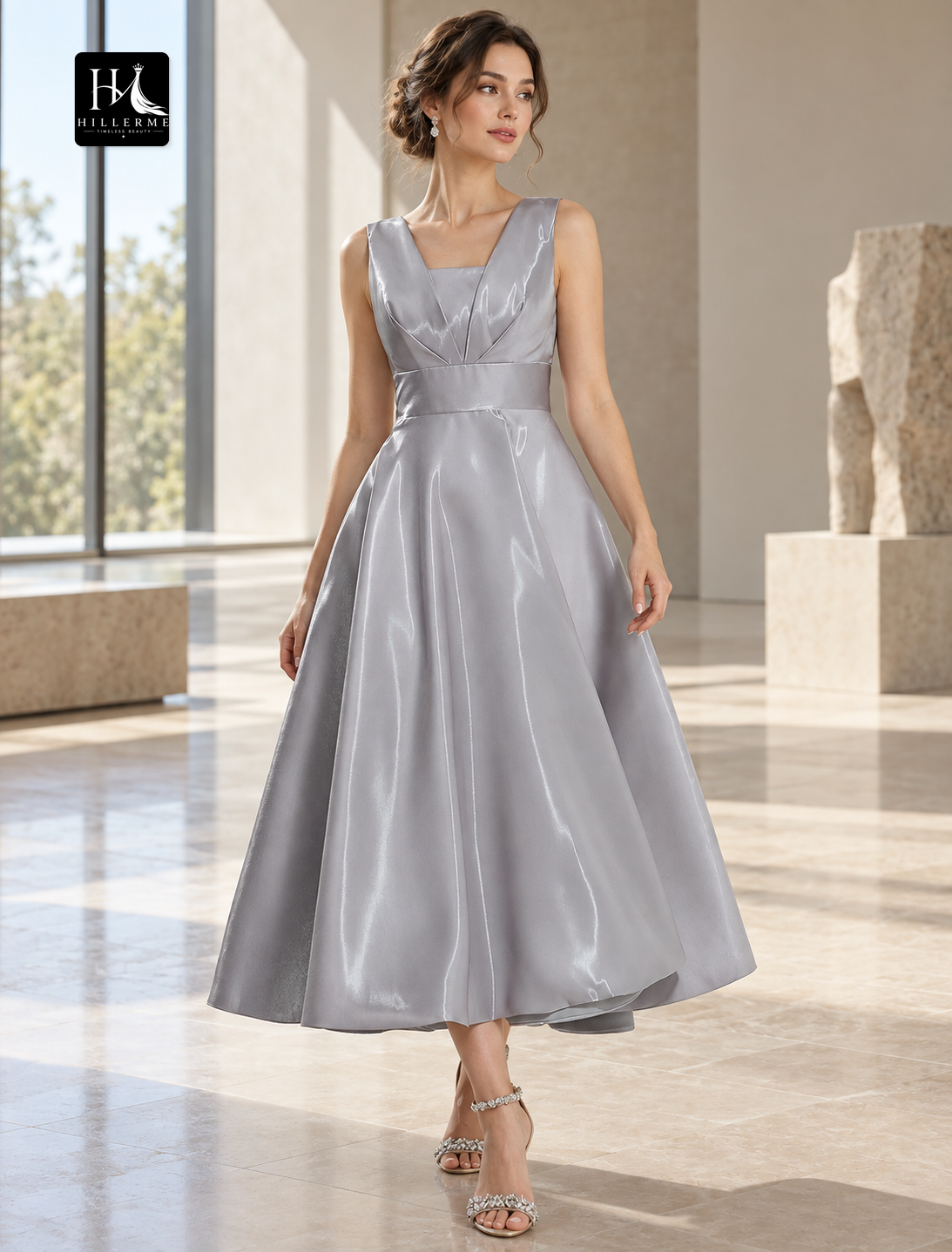 A-Line V-Neck Sleeveless Tea-Length Satin Cocktail Dress with Pockets