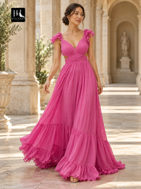 A-Line V-Neck Sleeveless Ruffle Chiffon Prom Dress with Sweep Train