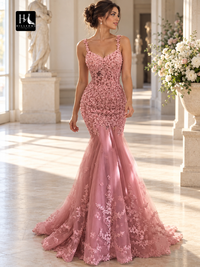 Trumpet/Mermaid V-Neck Sleeveless Lace Applique Prom Dress with Sweep/Brush Train