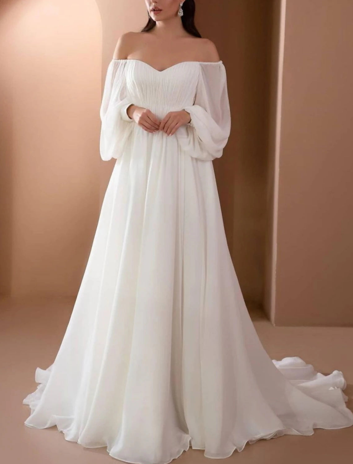 Off-the-shoulder long sleeve chiffon wedding dress with pleats and beading