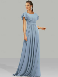 A-line floor-length pleated chiffon wedding guest dress with jewel neckline and short sleeves