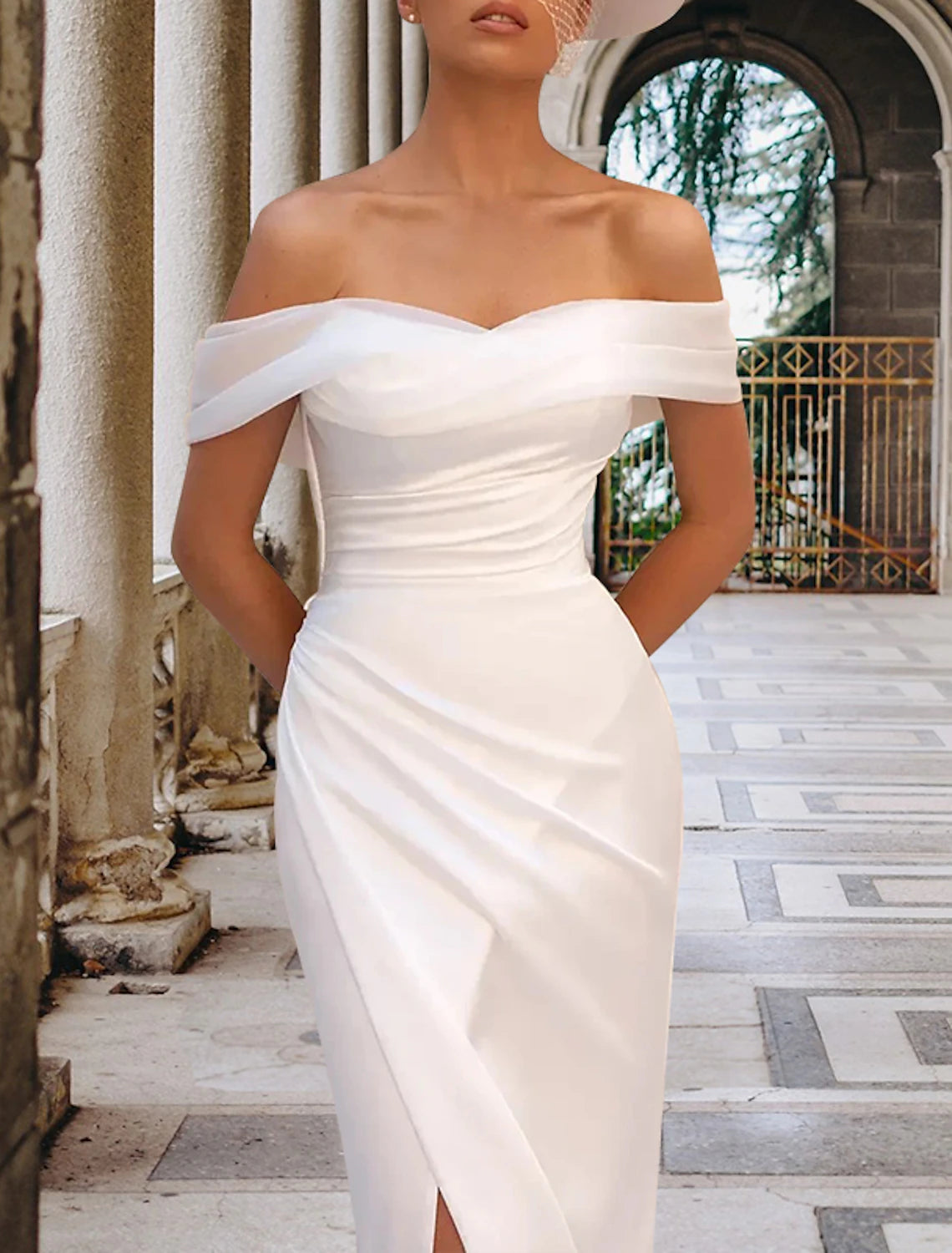 Ivory sheath column satin wedding dress with side draping and front slit