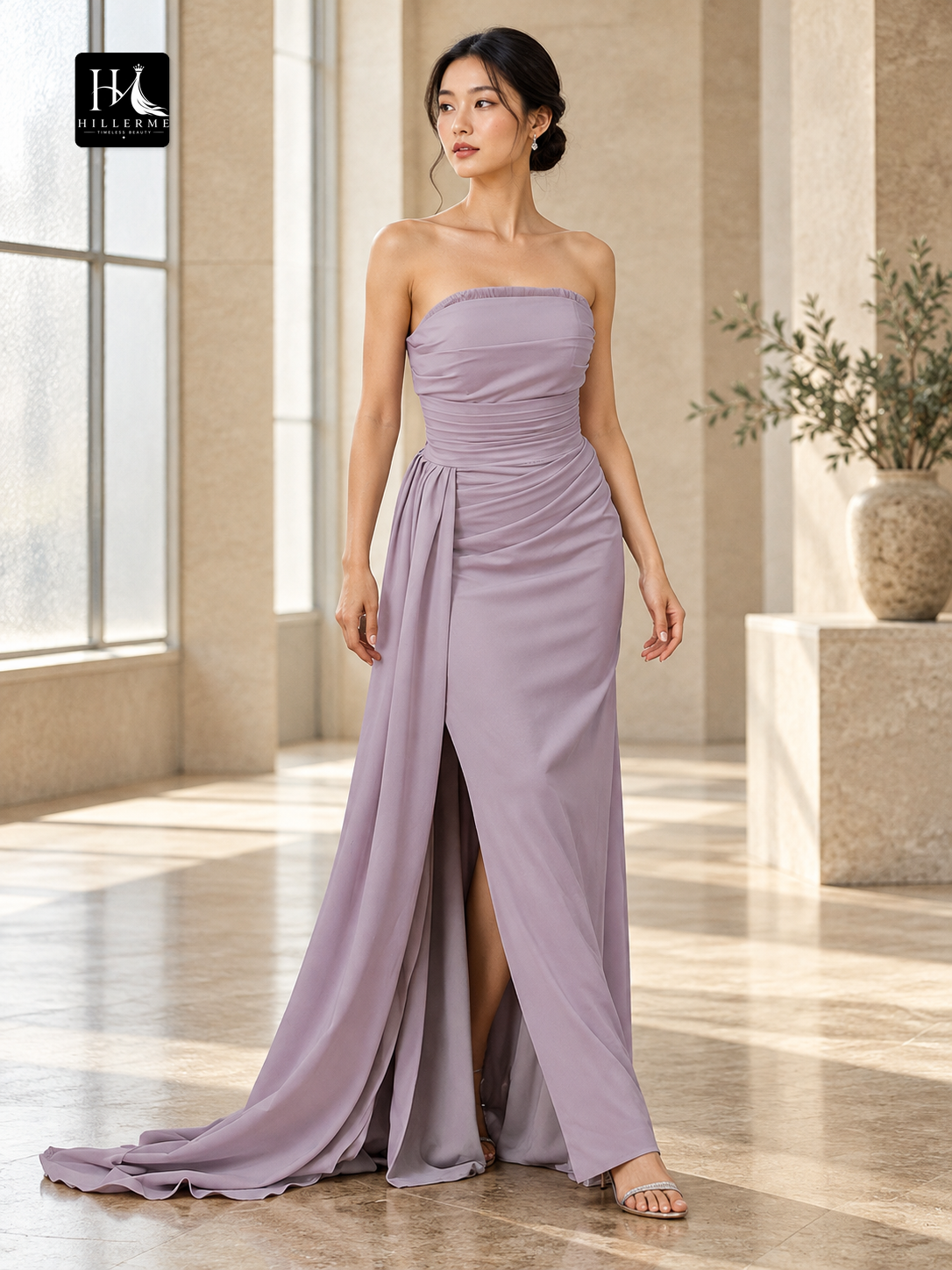 Strapless Ruched Stretch Crepe Sheath Prom Dress with Sweep Train