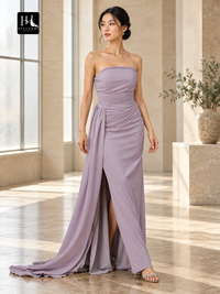 Strapless Ruched Stretch Crepe Sheath Prom Dress with Sweep Train