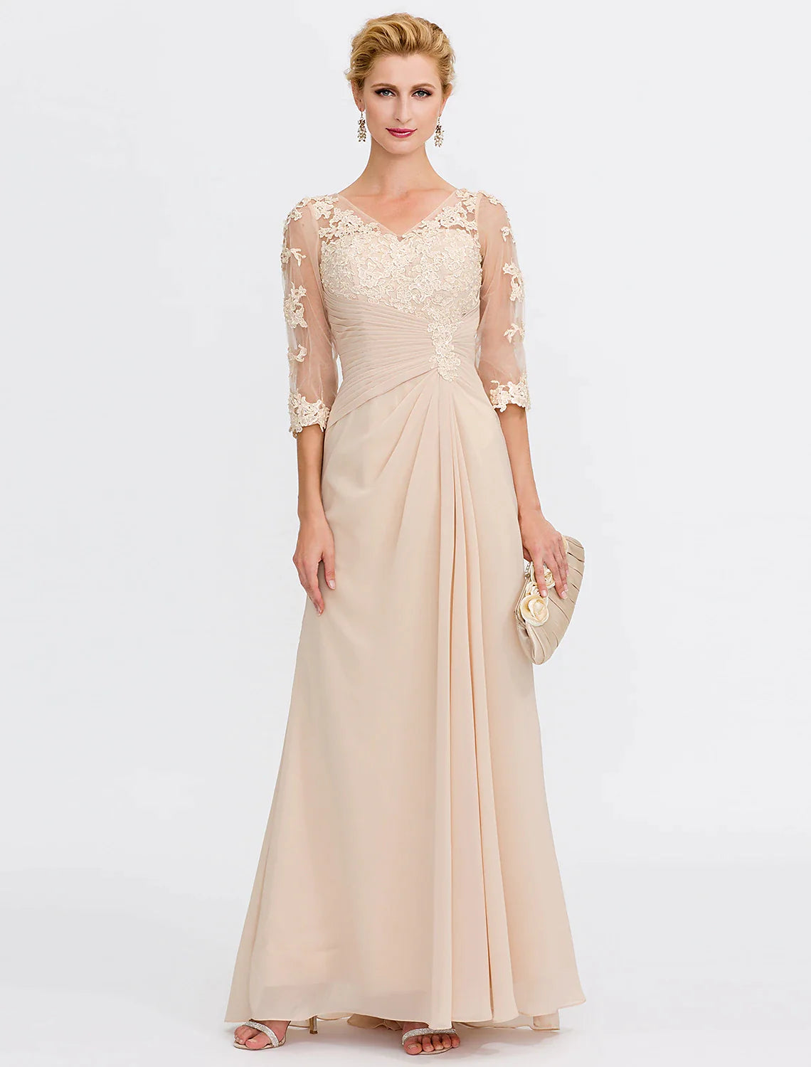 A-line floor-length chiffon mother of the bride dress with V-neck