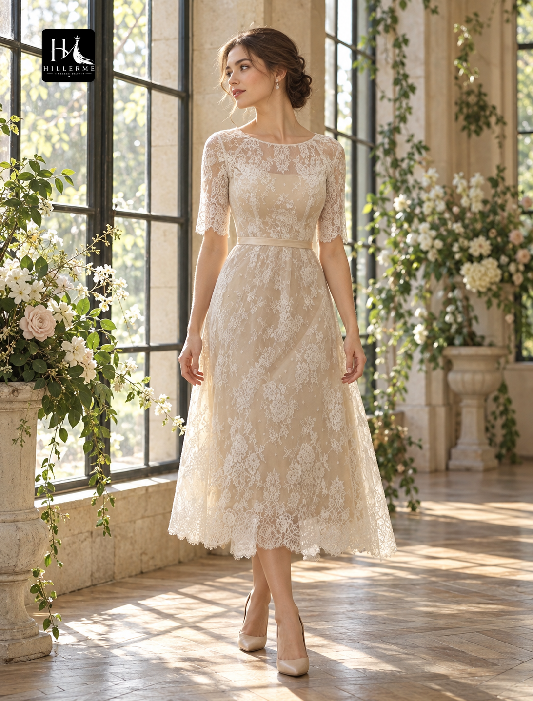 A-Line Illusion Neck Half Sleeve Tea Length Lace Wedding Dress with Sash