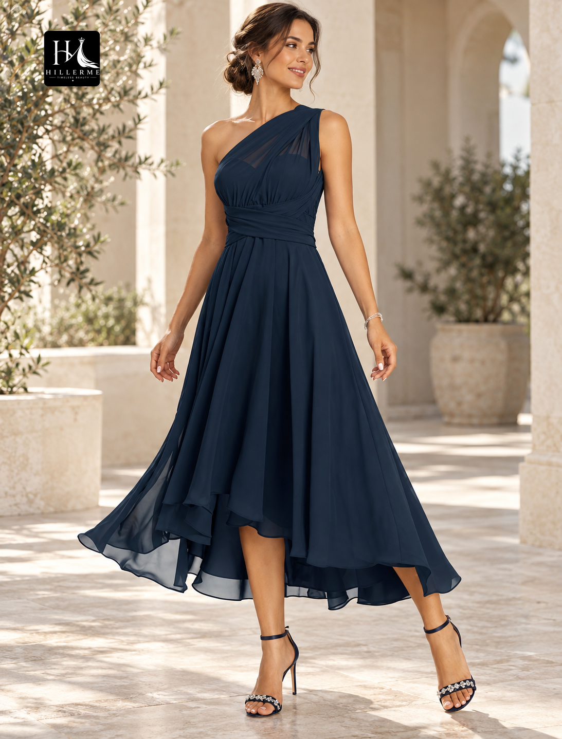 A-Line One-Shoulder Ruched Chiffon Tea-Length Wedding Guest Dress