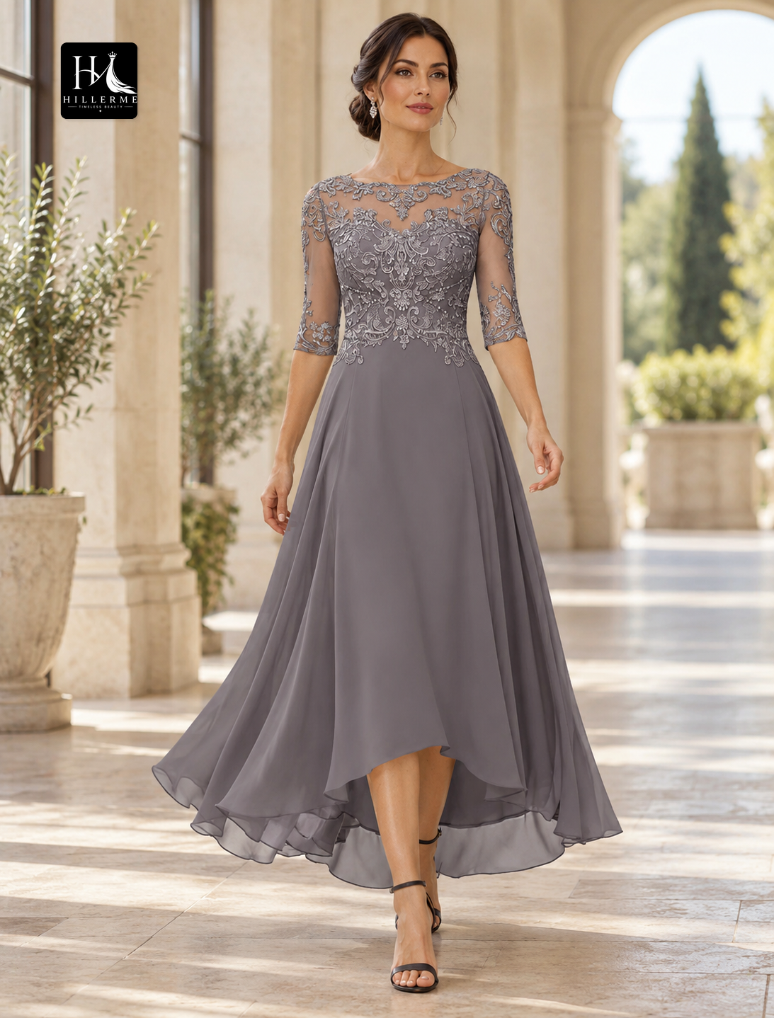 A-Line High-Low Chiffon Mother of the Bride Dress with Lace Appliques