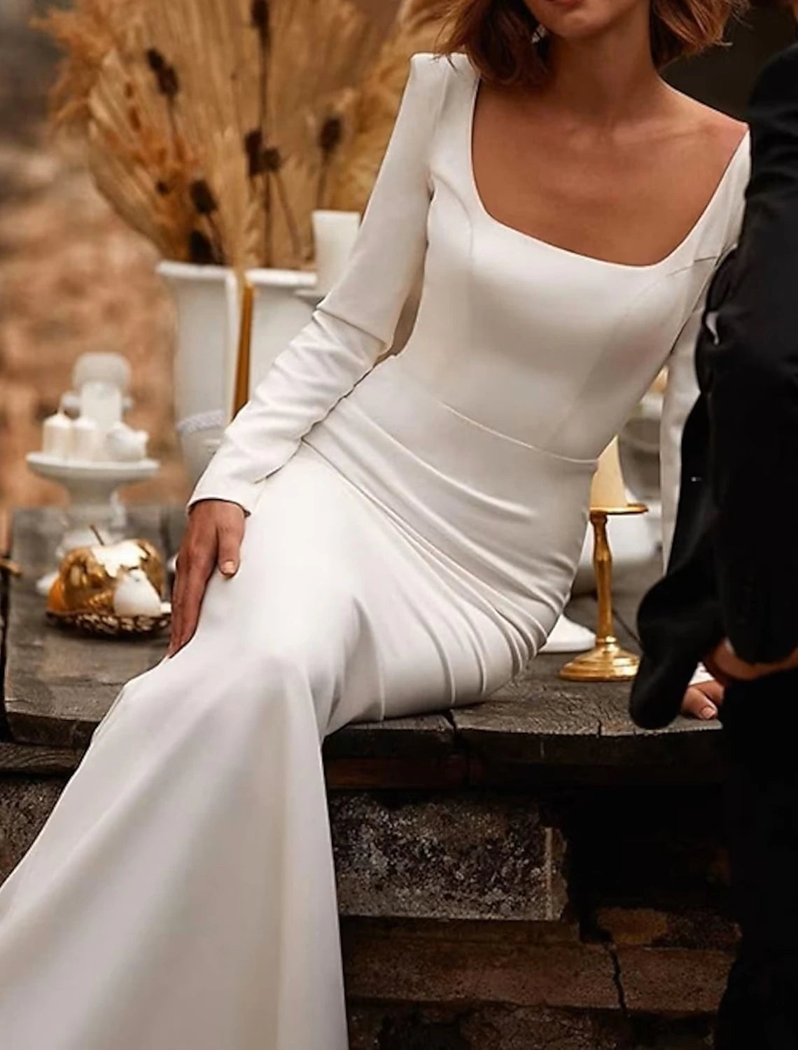 Ivory square neck long sleeve satin mermaid wedding dress