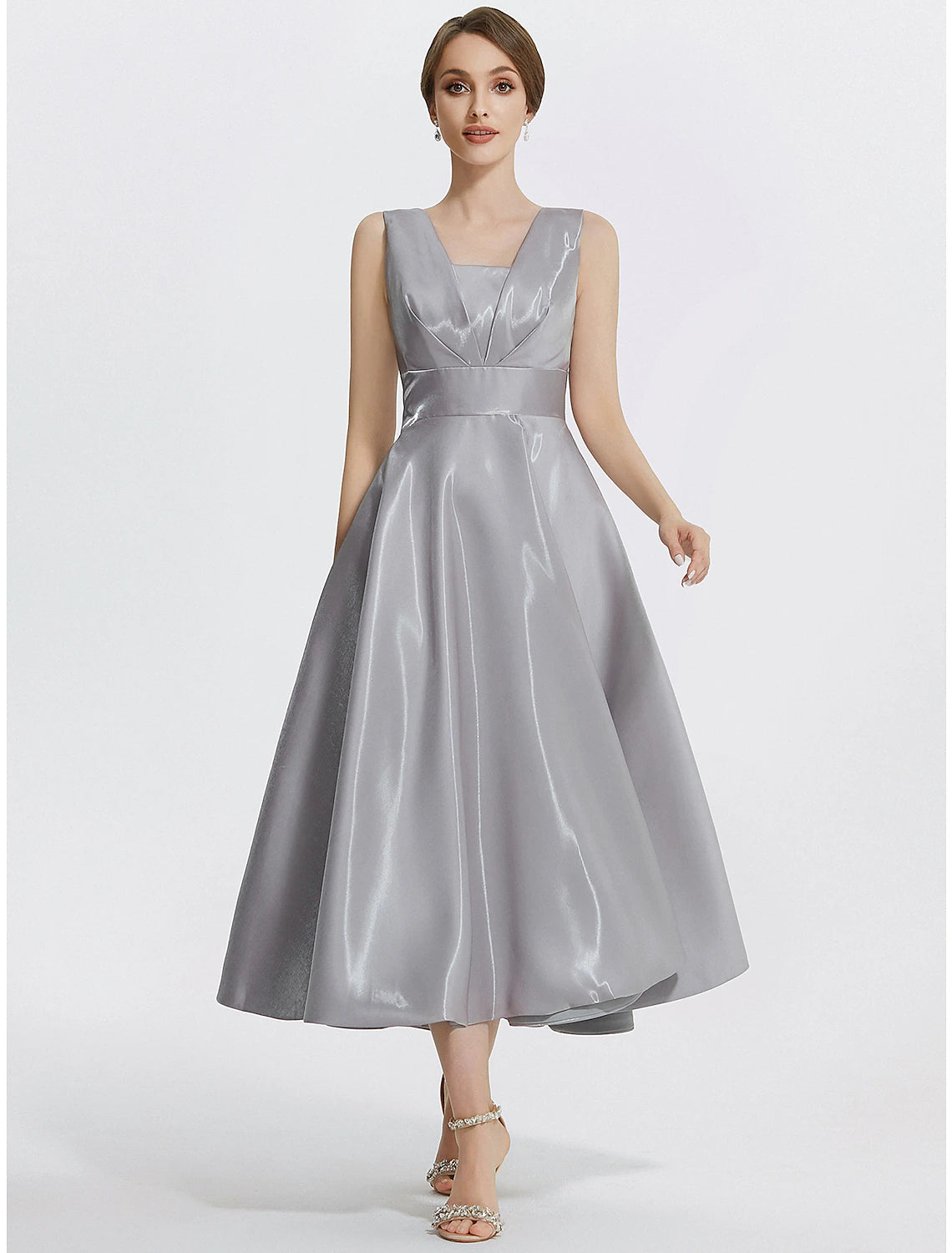 A-line sleeveless V-neck satin tea-length cocktail dress with pockets