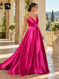 A-Line Ruched V-Neck Elastic Woven Satin Sleeveless Prom Dress with Sweep Train
