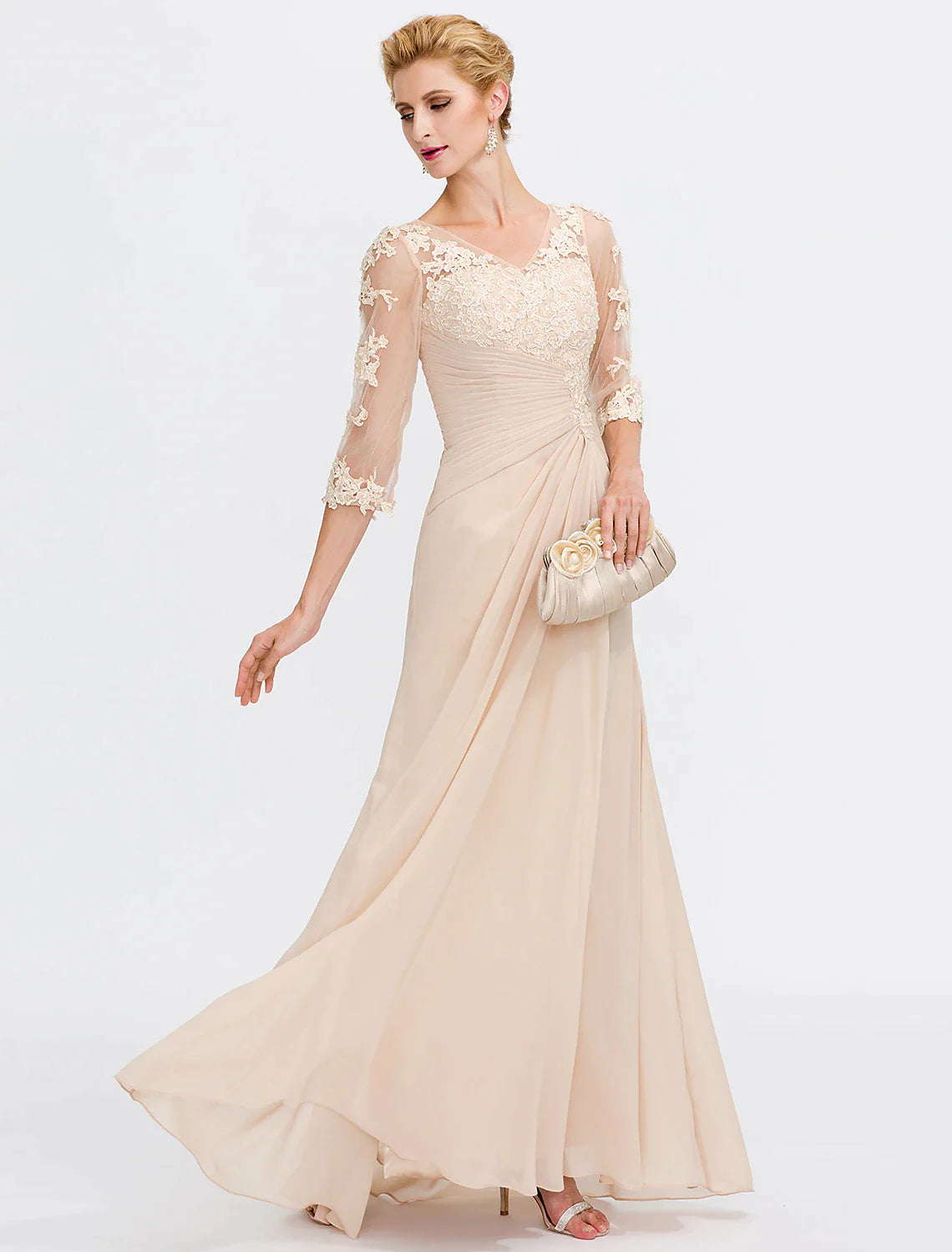 A-line chiffon mother of the bride dress featuring see-through half sleeves with appliques