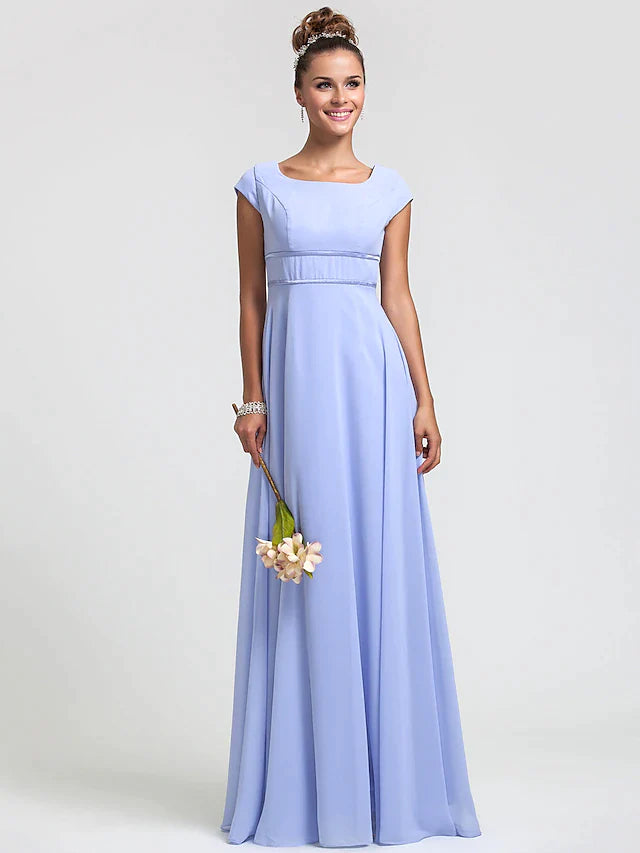 Square neck short sleeve chiffon sheath bridesmaid dress with sash and pleats