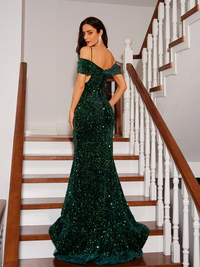 Court train and silhouette detail of the Dark Green velvet sequin sleeveless sheath prom dress