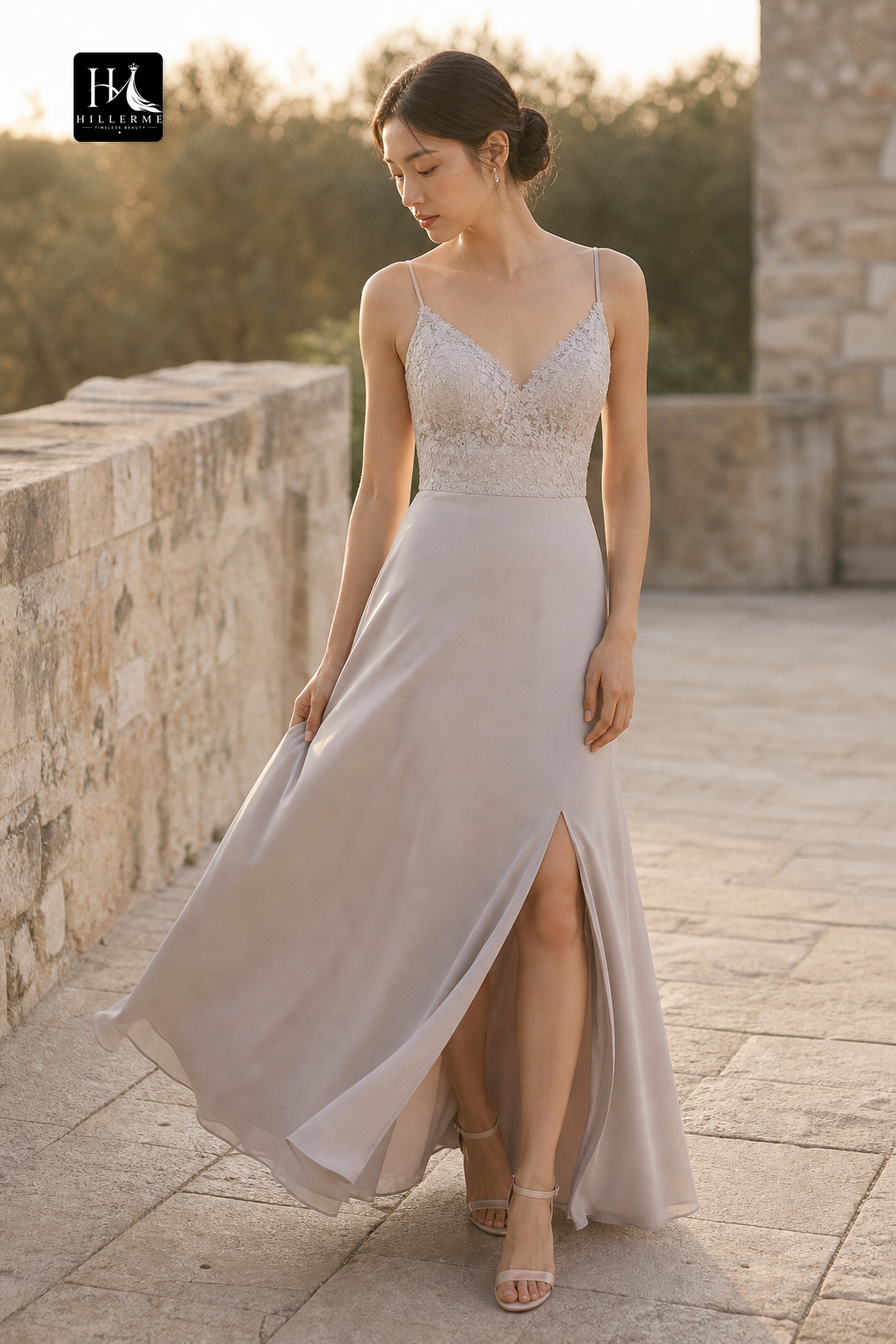 B5113 - V-Neck Spaghetti Strap Long Bridesmaid Dress with Slit Detailing
