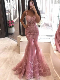 Pink V-neck sleeveless trumpet/mermaid prom dress with lace applique and sweep/brush train