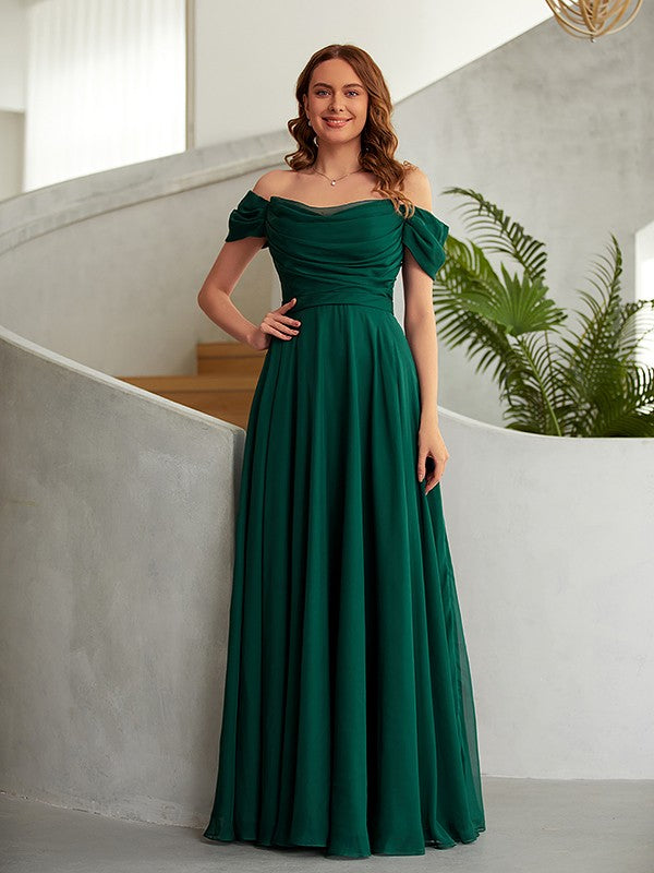 Off-the-shoulder ruched 30D chiffon A-line floor-length prom dress