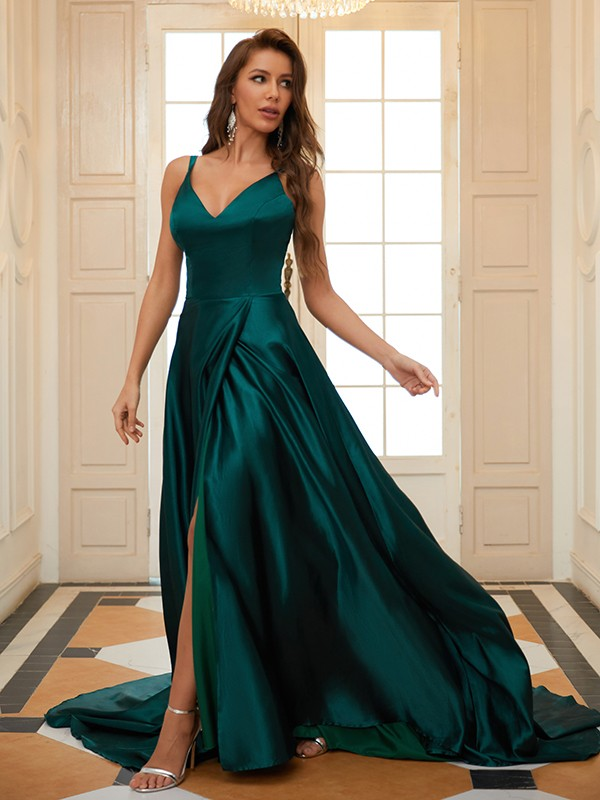 Elastic woven satin A-line prom dress with ruffled details and V-neck