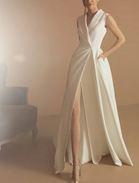 Simple A-line V-neck sleeveless satin wedding dress in ivory with front split