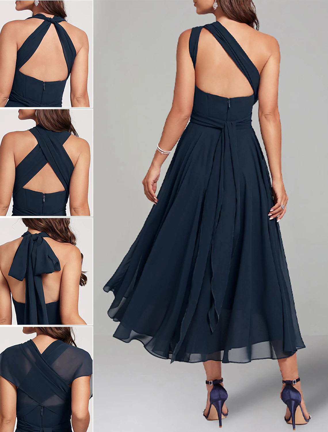 One-shoulder sleeveless tea-length formal chiffon wedding party dress