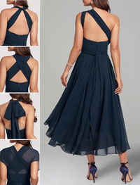 One-shoulder sleeveless tea-length formal chiffon wedding party dress