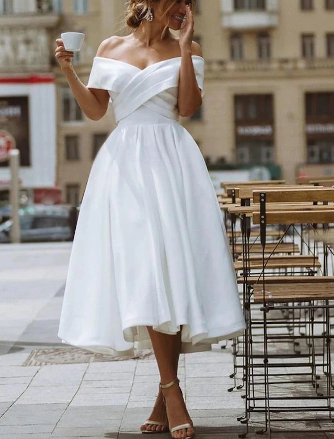 Off-the-shoulder tea-length A-line satin wedding dress in ivory