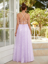 Floor-length Lilac A-line dress with spaghetti straps and waist belt