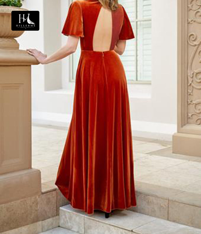 B5104 - Classic A-Line V-Neck Short Sleeve Velvet Bridesmaid Dress with Pleated Detailing