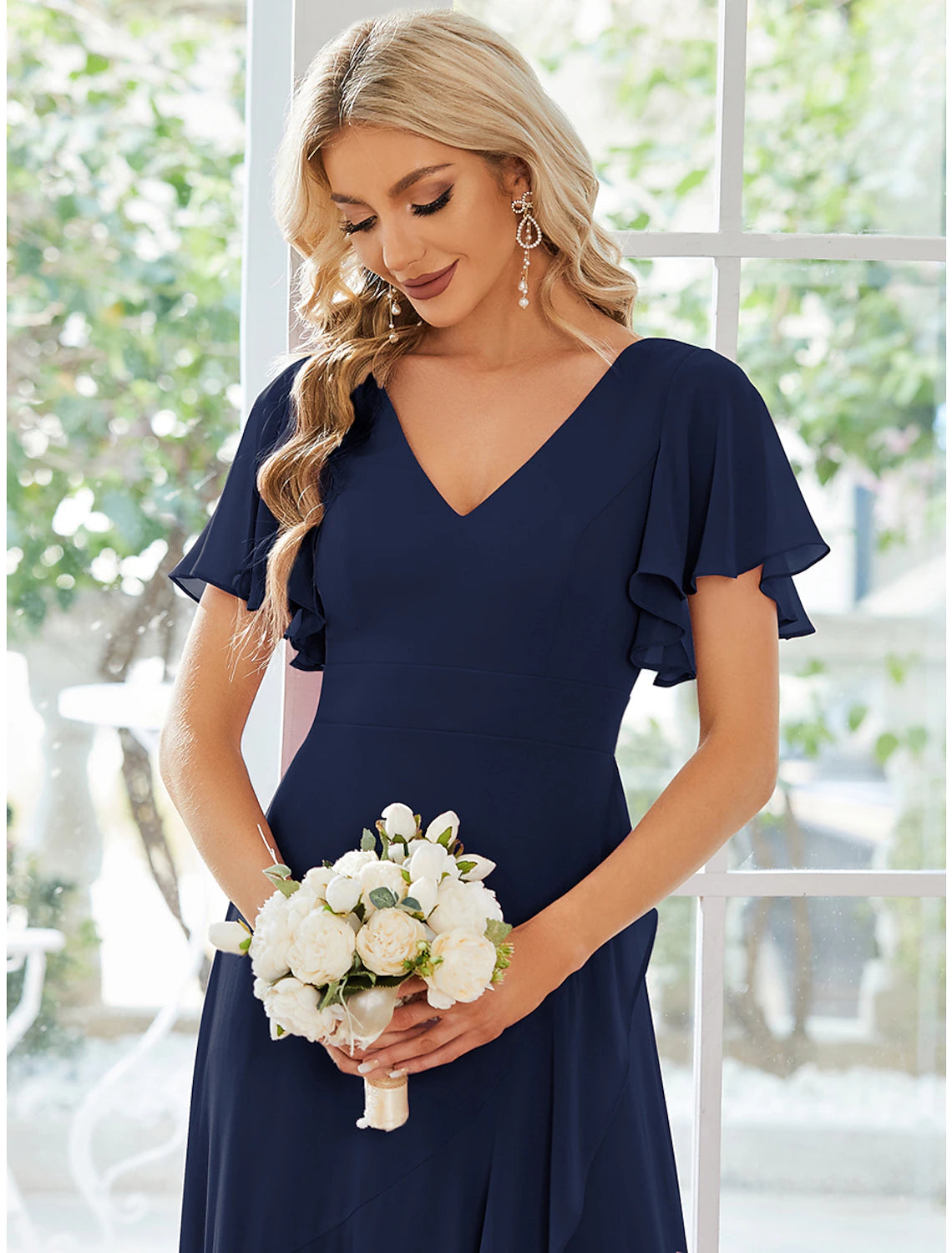 A-line asymmetrical short sleeve party dress in chiffon with cascading ruffles