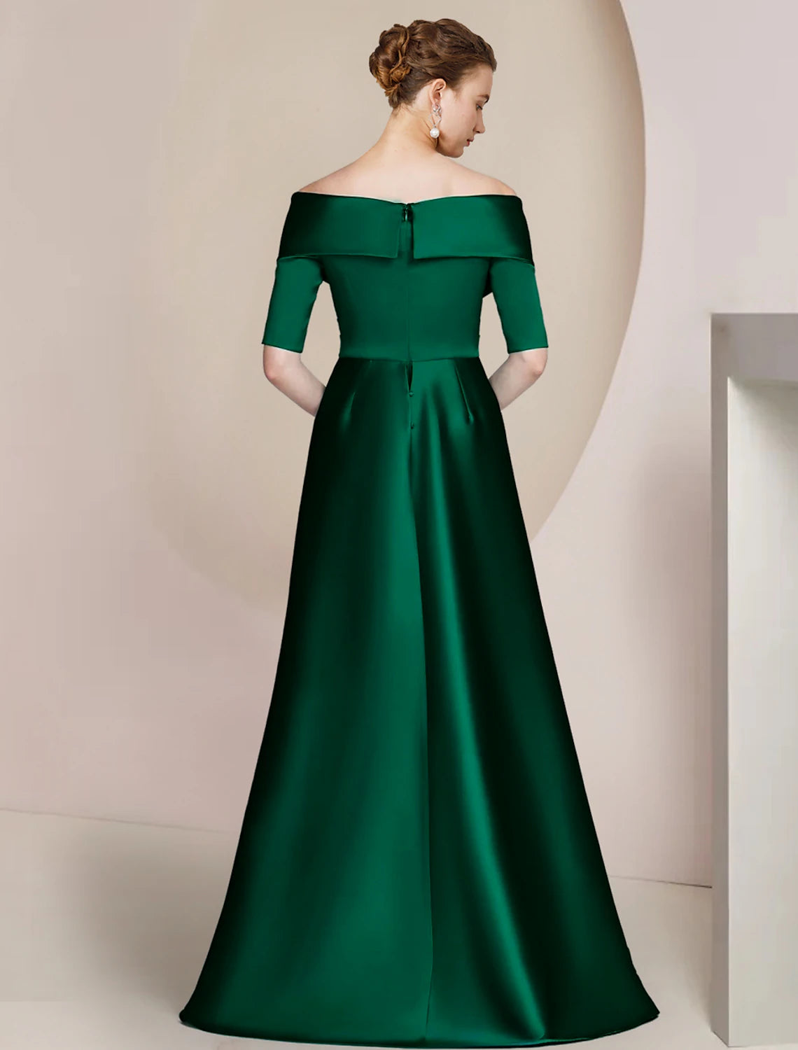 Floor-length satin sheath mother of the bride dress with off-shoulder neckline and half sleeves in Dark Green