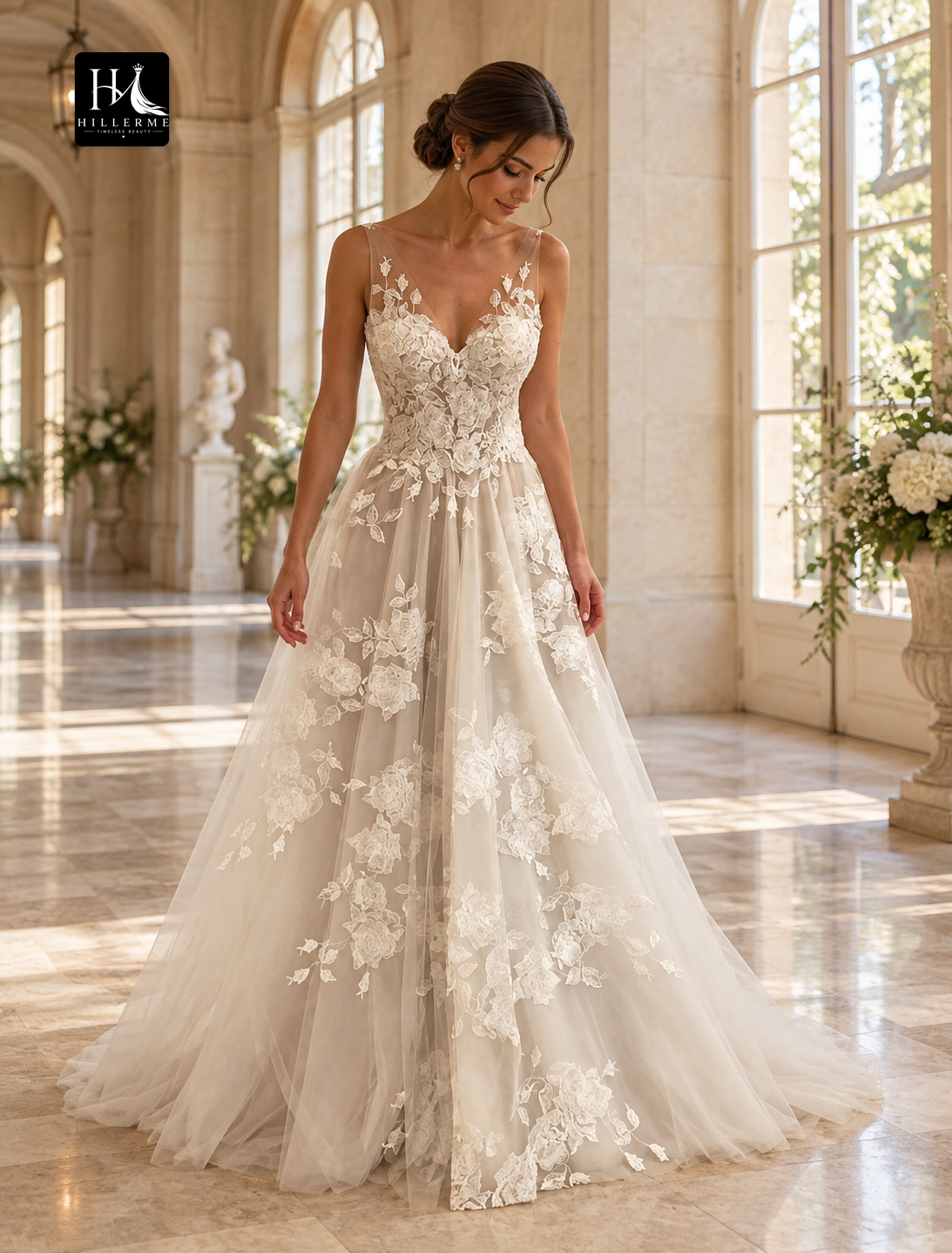 A-Line V-Neck Sleeveless Lace Wedding Dress with Appliques and Sweep Train
