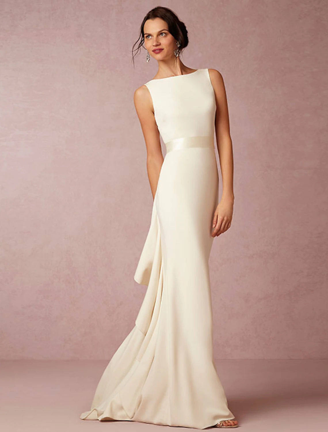 Open back scoop neck sleeveless sheath wedding dress with draping and sweep train in Ivory