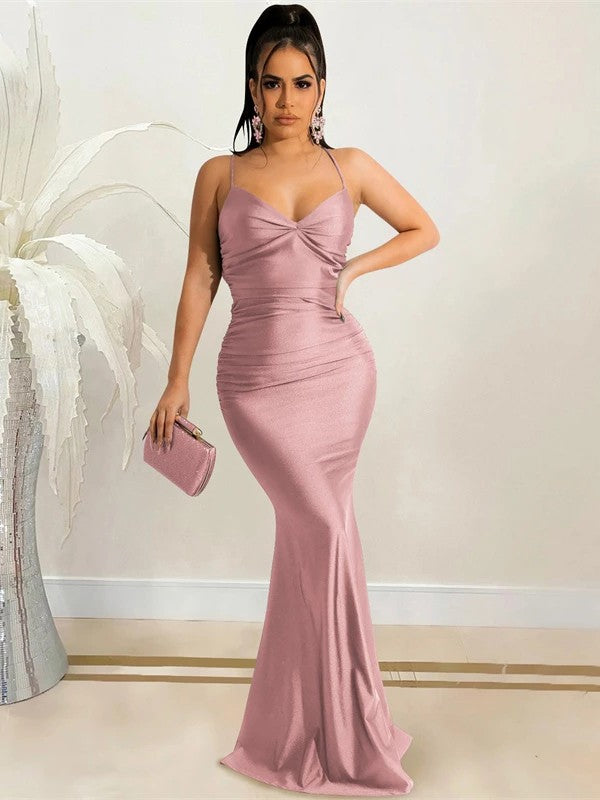 Sleeveless V-neck ruched sheath prom dress in elastic woven satin with sweep train