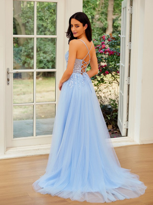 A-line tulle and lace prom dress with sweep train in sky blue
