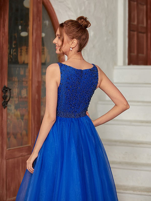 A-line floor-length organza prom dress with sleeveless beaded V-neck bodice