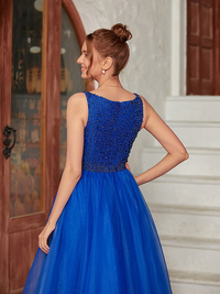 A-line floor-length organza prom dress with sleeveless beaded V-neck bodice