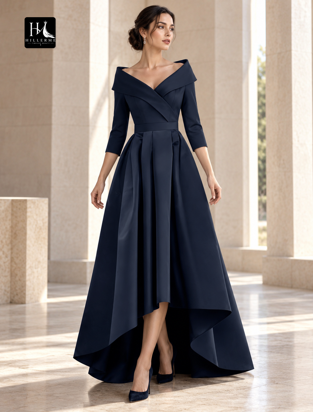 A-Line High-Low Satin Mother of the Bride Dress with 3/4 Sleeves and Pleats