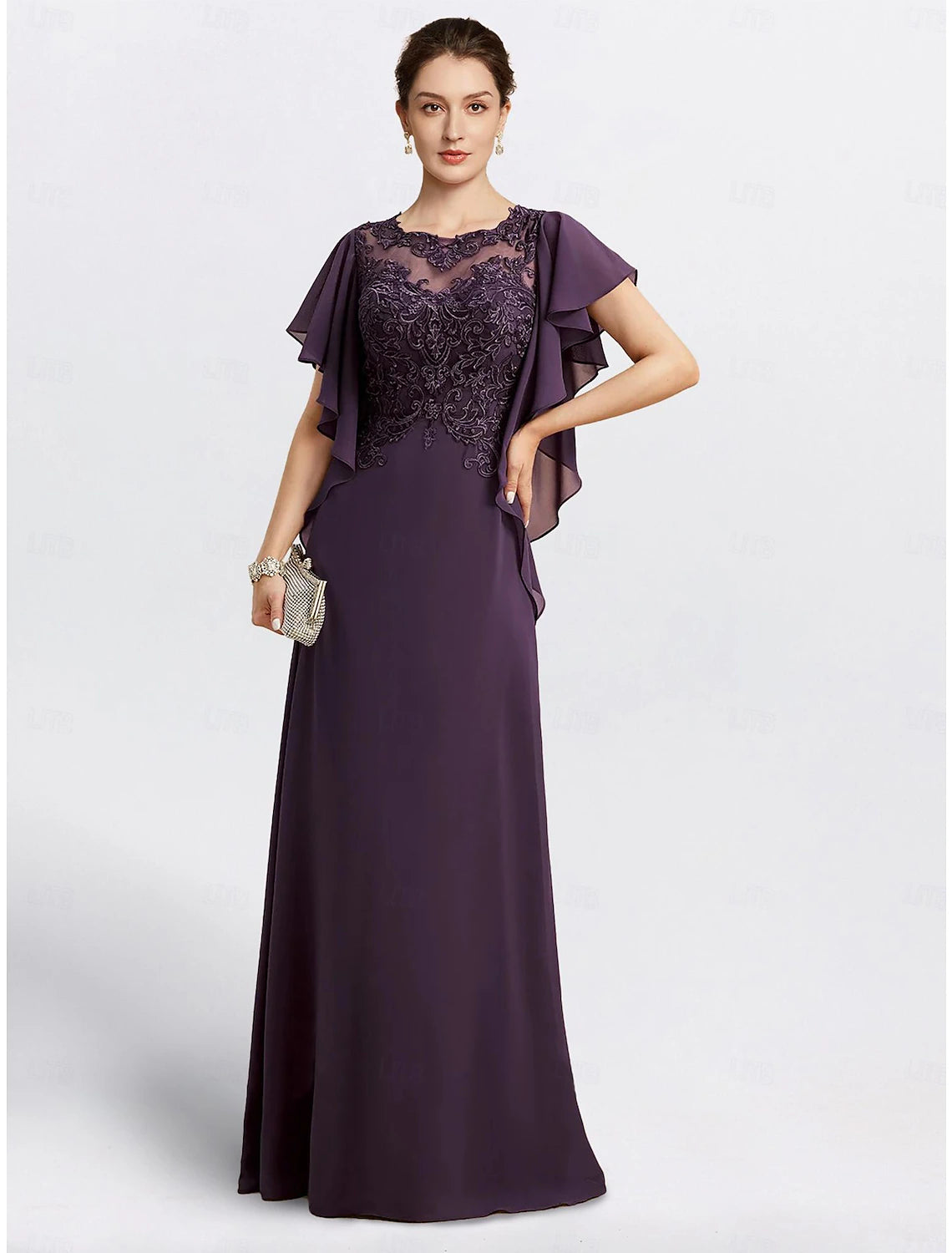 Floor-length chiffon sheath mother of the bride dress with jewel neckline and beading appliques in Grape