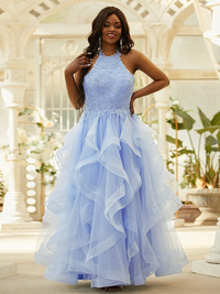 A-line halter sleeveless tulle floor-length prom dress with appliques