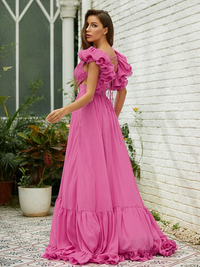 A-line chiffon prom dress with sleeveless V-neck and sweep train