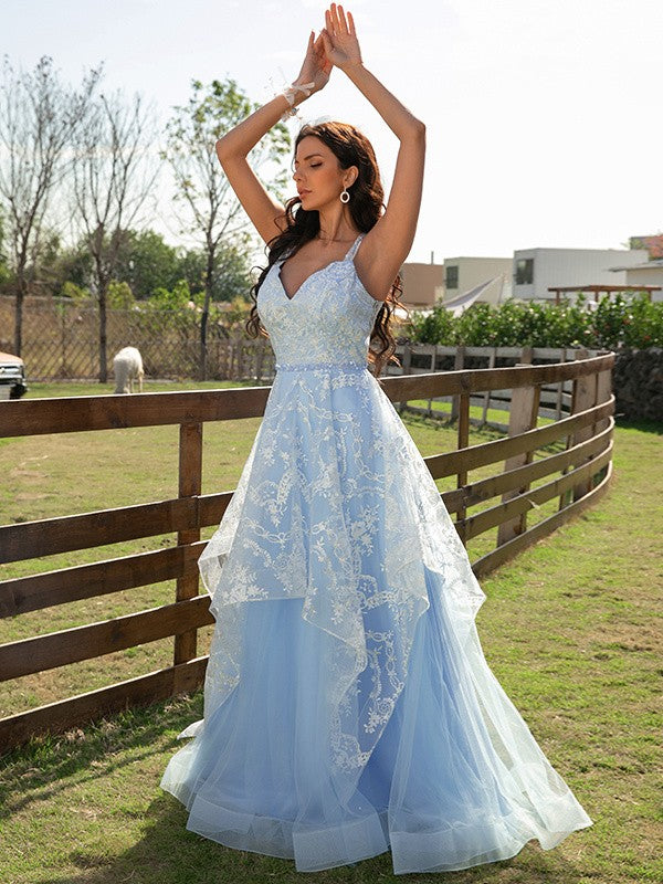 Tulle and lace floor-length A-line sleeveless prom dress with V-neck