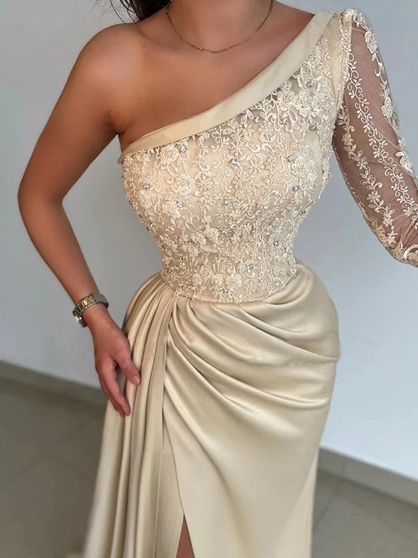 Champagne one-shoulder sheath prom dress in elastic woven satin and lace with sweep train