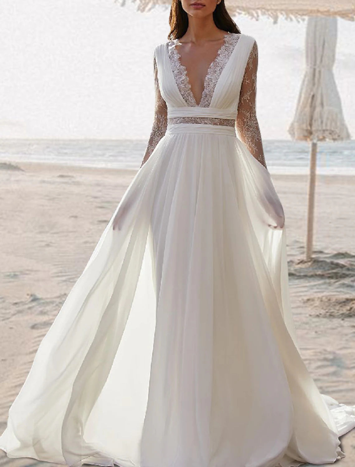 Front view of sleeveless V-neck pleated chiffon boho beach wedding dress in ivory