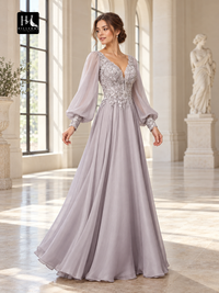 A-Line V-Neck Long Sleeve 30D Chiffon Applique Floor-Length Prom Dress