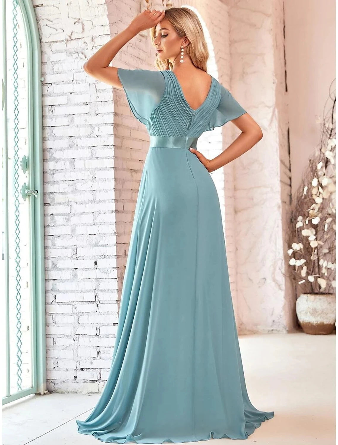 V-back detail with ruffles on pure color chiffon evening gown