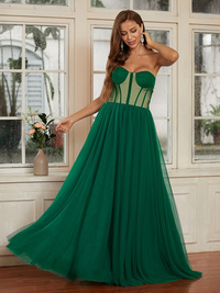 Ruffled tulle floor-length A-line prom dress in sleeveless sweetheart cut