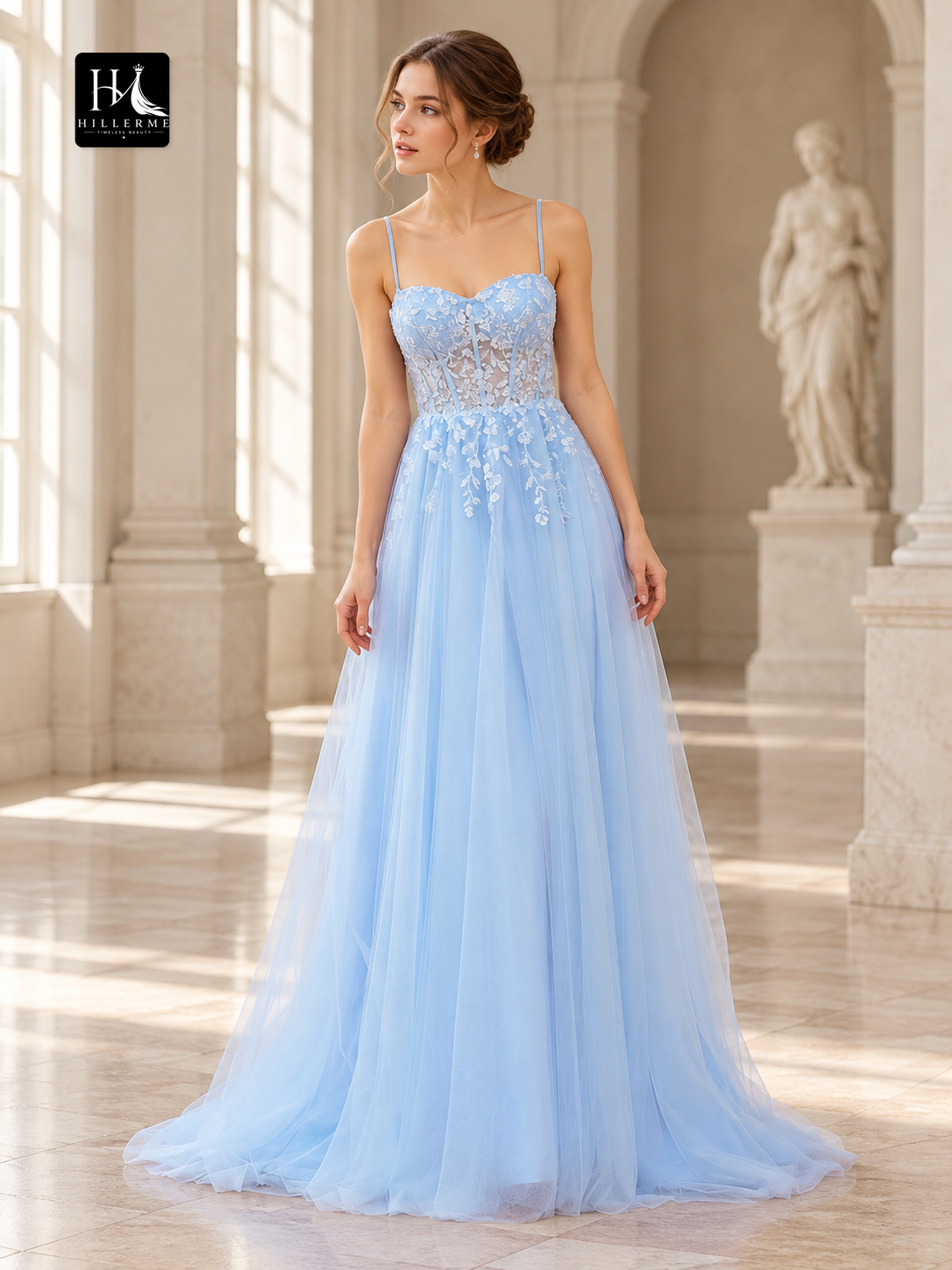 A-Line Lace and Tulle Spaghetti Strap Prom Dress with Sweep Train