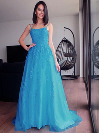 Sleeveless tulle prom dress with A-line silhouette and brush train