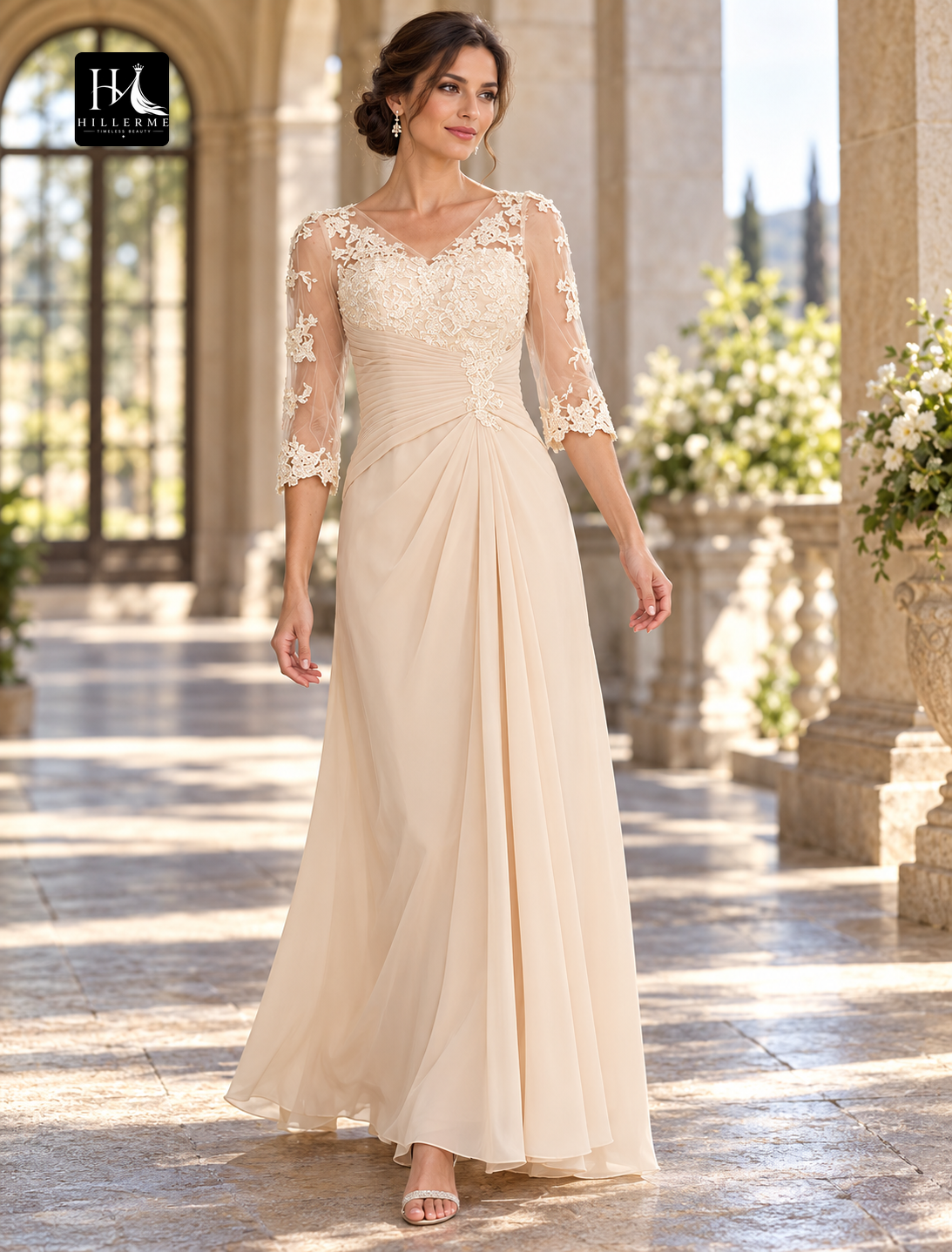 A-Line V-Neck Floor-Length Chiffon Mother of the Bride Dress with Half Sleeves and Appliques