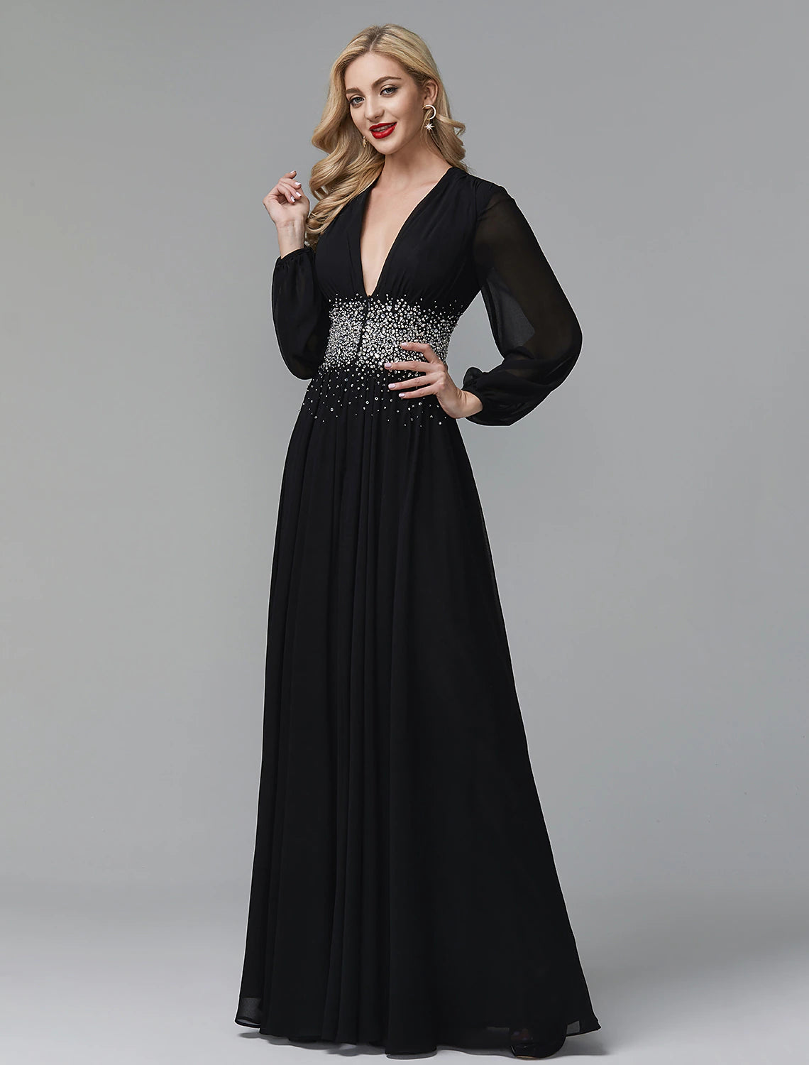 Floor-length A-line chiffon evening dress with V-neckline, long sleeves, and sequin detailing